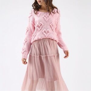 Chicwish KNIT YOUR LOVE V-NECK SWEATER Baby PINK Hearts Handmade Wool & Acrylic